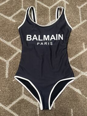 Balmain Paris Black & White Logo One-Piece Swimsuit Italy Ref T500-B433U Size S